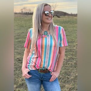 Sterling Kreek Summer Serape Top Short Sleeve V Neck Size XL Aztec Western Soft